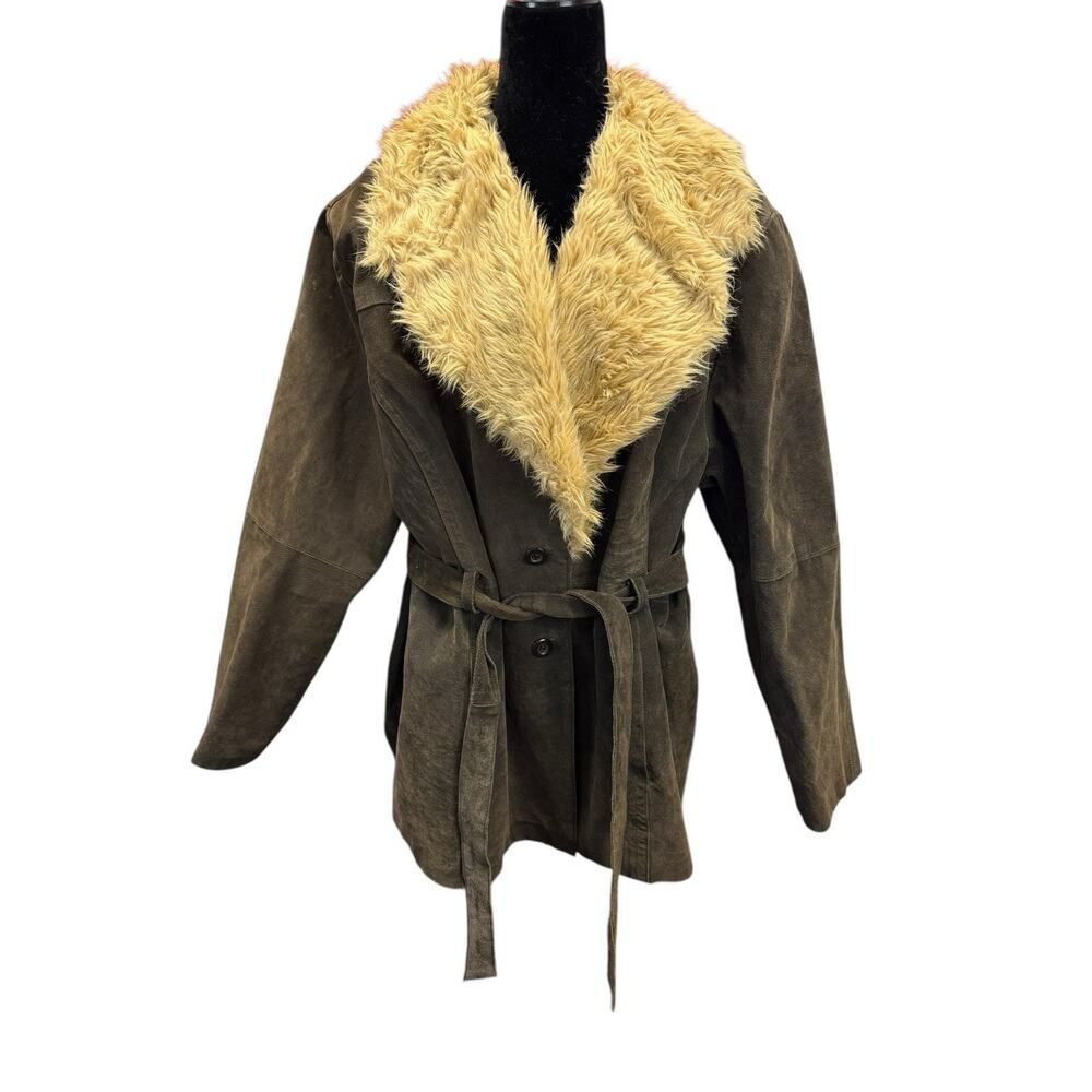 Marcelle Renee Olive Green Leather Coat Faux Shearling Trim Belted 3XL